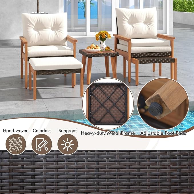HAPPYGRILL 5 Pieces PE Rattan Patio Conversation Set, Wicker Chairs with Square Coffee Table, Ottomans & Soft Cushions, Outdoor Furniture Set with Solid Acacia Wood Frame for Porch, Balcony & Poolside