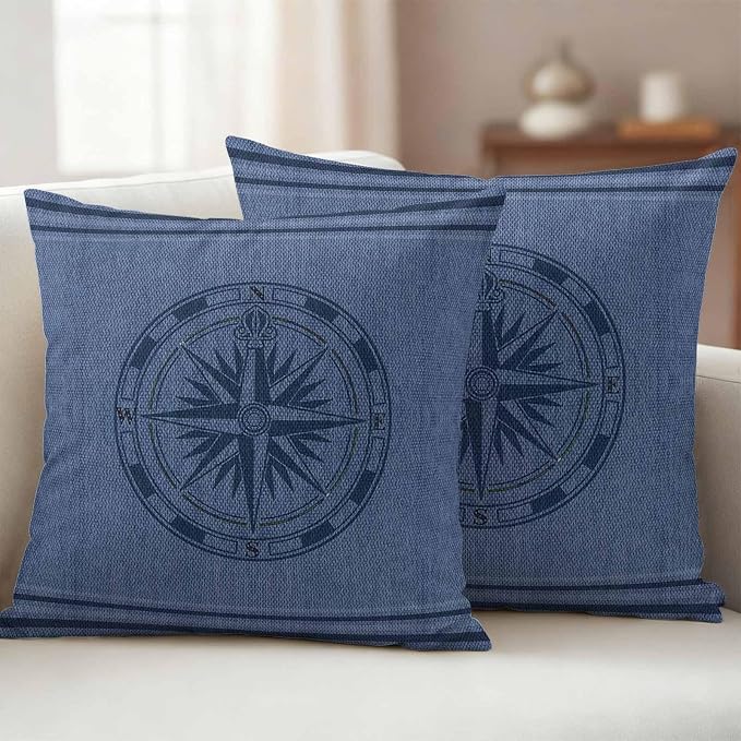 Compass Navigation Outdoor Waterproof Throw Pillow Covers Set of 2, 18"x18", Guide Letter Printing Decorative Pillow Covers Outside Cushion Case for Patio Porch Garden