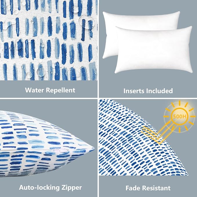 LVTXIII Set of 2 Patio Lumbar Pillows, 12”x20” Fade Resistant Outdoor Lumbar Pillow with Inners, Fluffy Decorative Garden Lumbar Cushions for Home Patio Coach Sofa Use, Pebble Blue