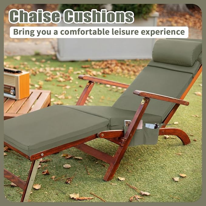 RattanView 2 Pcs Outdoor Chaise Lounge Cushion with Pillow and Side Pockets Waterproof Lounge Chair Cushions for Outdoor Furniture Patio Lounger Pad for Outside Pool Lawn (Light Green,72 x 21 x 4)
