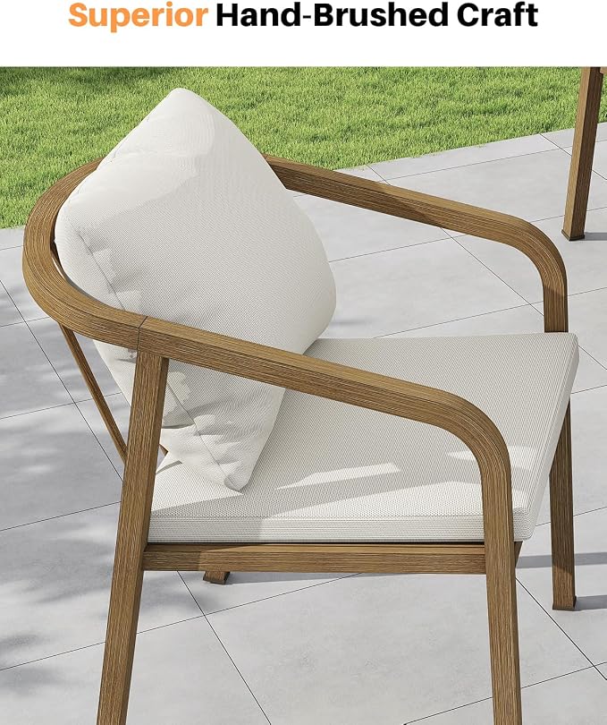 Never-Rust Aluminum Outdoor Dining Chairs Set of 2, Patio Dining Chairs with Thick Cushion, Outdoor Patio Chairs with Wraparound Backrest and Curved Armrest for Backyard, Lawn, Deck, Teak