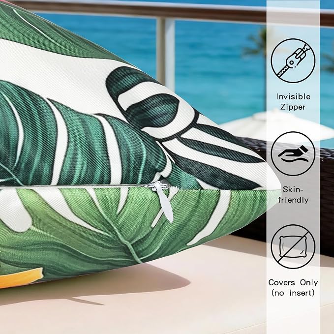 Outdoor Pillow Covers 12x20 Inch Set of 2, Tropical Floral Plants Boho Throw Pillows Cases Waterproof Square Garden Cushion Sham for Patio Funiture Tent Balcony Bench Sofa Couch, Yellow Green