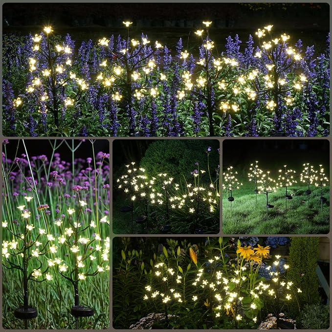 4 Pack Solar Garden Lights Outdoor, Solar Lights Outdoor Flowers | 2Modes 80LED Garden Decor, Waterproof Solar Powered Fairy Garden Outdoor Decorations for Yard Patio Pathway, Gardening Gifts