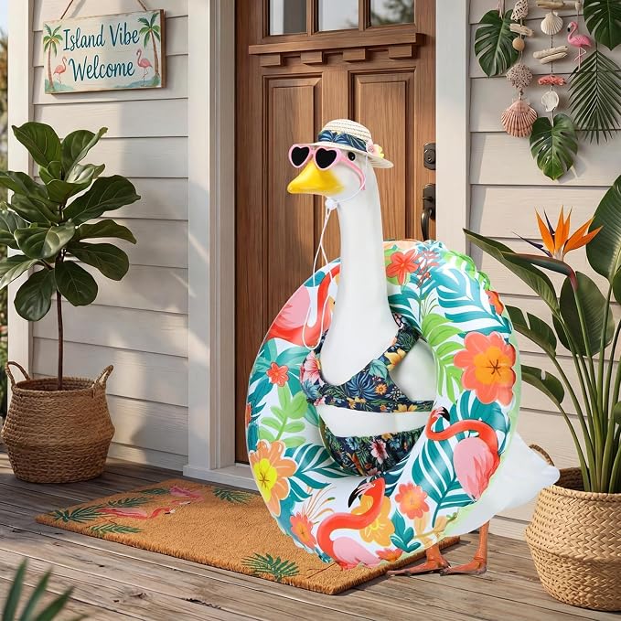 Hawaiian Porch Goose Outfits for 23 Inch Lawn Statue | Summer Bikini with Swim Ring Costume for Cement Statue, Tropical Sculpture Clothes for Swimming Pool Party Beach Decoration