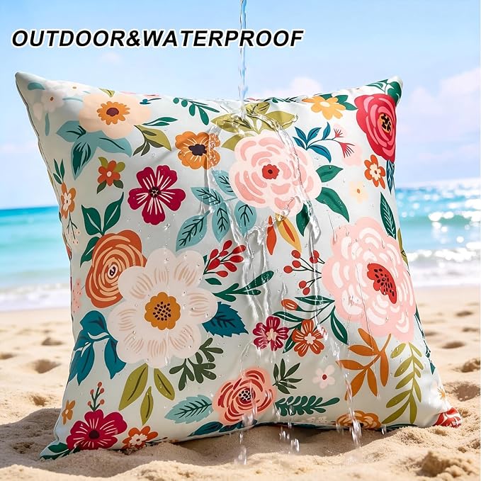 Decorative Outdoor Pillow Covers Floral Waterproof Throw Pillow Covers Green Accent Square Couch Covers Garden Farmhouse Cushion Cases 18x18 Inch Set of 2 for Summer Patio Tent Balcony Furniture Sofa