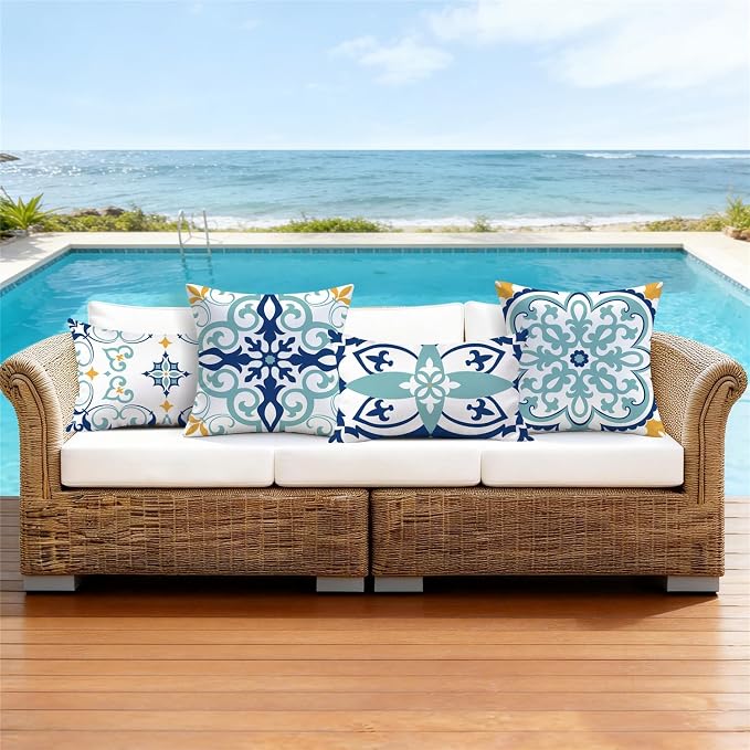 NIGHTWISH Outdoor Waterproof Pillow Covers 12x20 Set of 4 Teal Boho Decorative Outdoor Throw Pillows Floral Cushion Cases for Patio Furniture Bench Couch Sunbrella