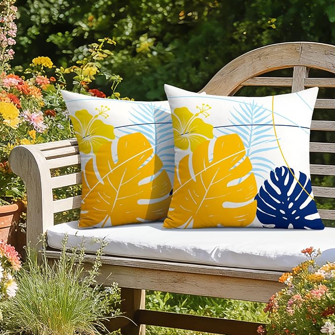 OTOSTAR Outdoor Waterproof Throw Pillow Covers 20x20 Inch Set of 2 Double-Sided Yellow Blue Tropical Leaf and Flower Spring Summer Decorative Pillow Cases for Patio Funiture Garden Tent Balcony Couch