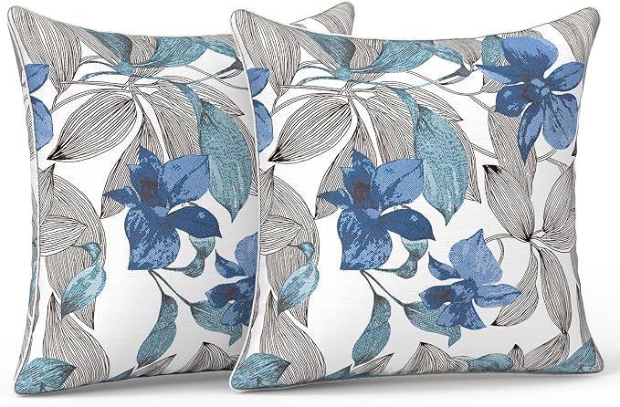 LVTXIII Outdoor/Indoor Pillow Covers, Patio Fade Resistant Throw Pillow Covers ONLY, Waterproof Farmhouse Accent Cushion Cases for Sofa Patio Couch Decoration 20"x20" Set of 2, Clemens Noir Blue