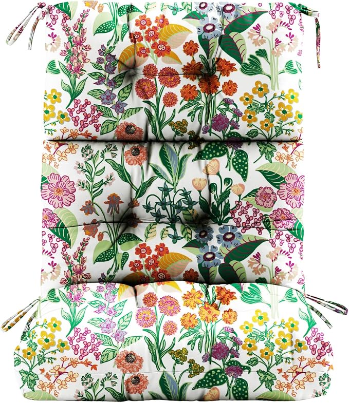 Tufted High Back Adirondack Chair Cushion 45"x21"x4",Floral | Patterned outdoor cushion with ties; premium padded design fits garden rocking chairs, multiple color options available