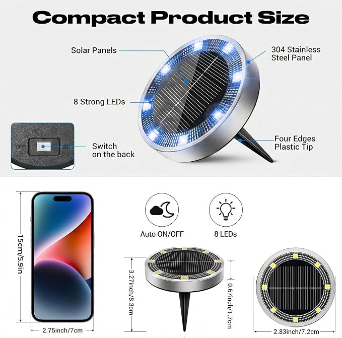 Mini Solar Ground Lights Outdoor, 8 Pack Flat Solar Powered Disc Lights, IP68 Waterproof, Anti-Rust, Landscape Lighting for Pathway Garden Yard Lawn Walkway Landscape Driveway, Blue