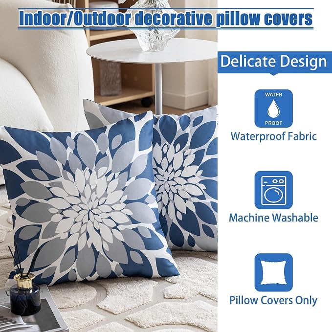 Pack of 4 Outdoor Waterproof Pillow Covers 18x18 Decorative Outdoor Throw Pillows Garden Square Cases for Patio Furniture, Couch, Tent Sunbrella, Bench, Blue Grey