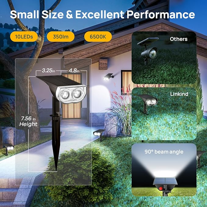 Linkind Solar Spotlights Outdoor Waterproof Dusk to Dawn Cool White 6 Pack | StarrayS Mini, 2 Lighting Modes, 6500K, IP65, Adjustable Head for Landscape Garden Yard Patio Flag Tree Backyard Pathway
