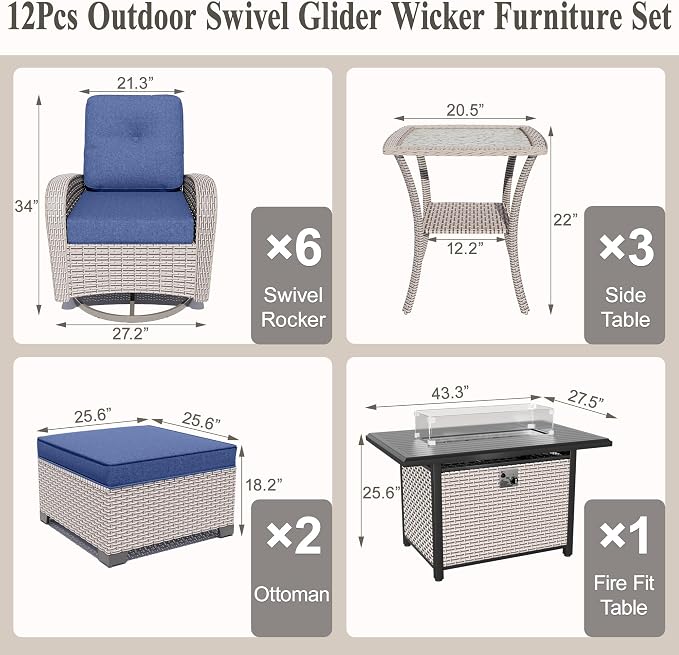 12-Piece Patio Furniture Set, Outdoor Swivel Rocking Chairs Set with 55,000 BTU Fire Pit Table,All Weather Conversation Set for Porch Poolside Balcony