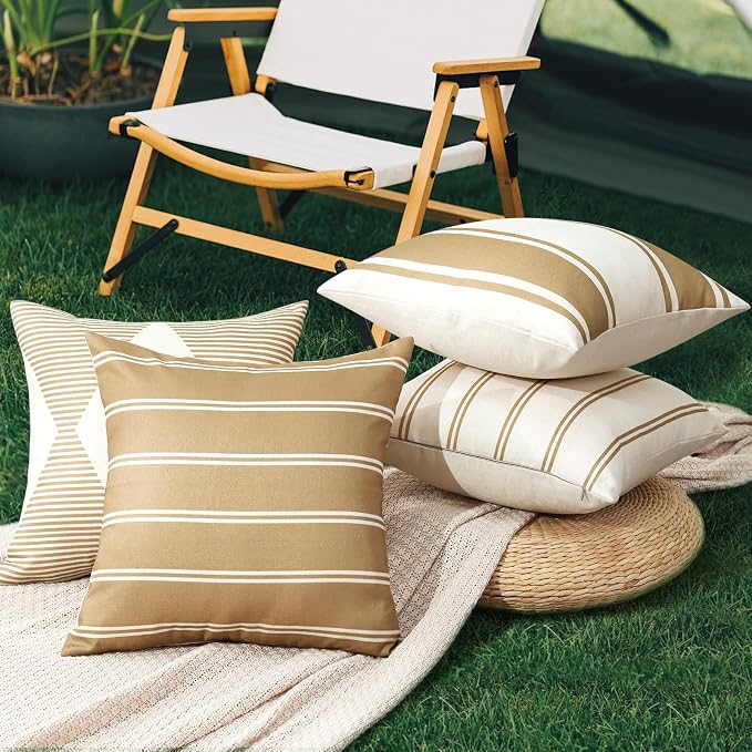 OTOSTAR Outdoor Waterproof Decorative Throw Pillow Covers 20x20 Inch Geometry Pillow Cases Square Cushion Case Garden Pillow Covers Pillows Shell for Patio Furniture Couch Tent Set of 4 (Light Coffee)