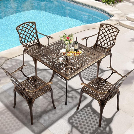 VINGLI 5 Pieces Outdoor Patio Dining Set, Cast Aluminium Patio Furniture Set with 4 Chairs and 1 Umbrella Table for Yard, Garden, Porch and Poolside, Bronze (Square Table)