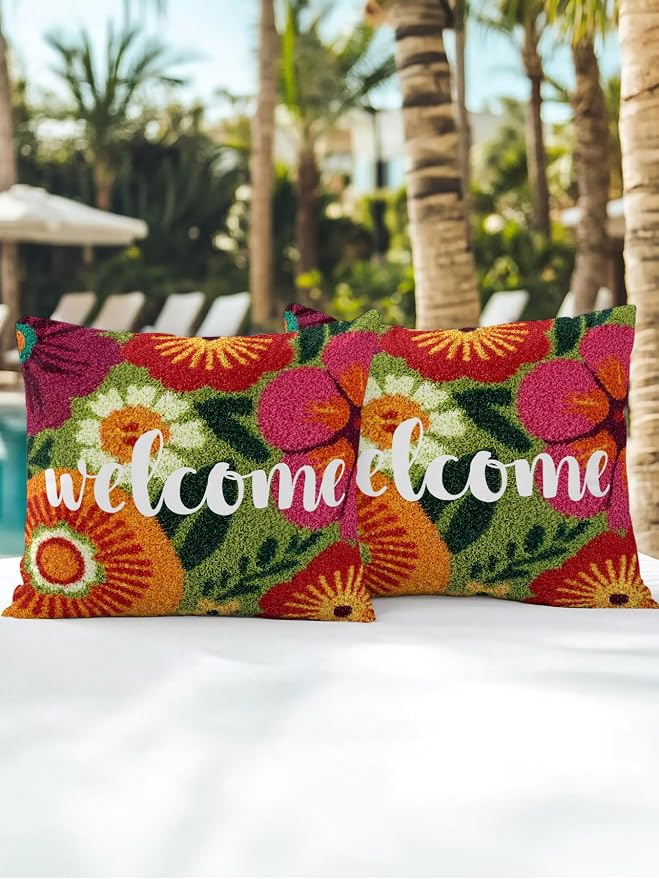 Outdoor Waterproof Throw Pillows 18x18in, Farmhouse Rustic Orange Red Floral Patio Pillows Pack of 2, Decorative Pillow Covers with Insert, Pillow Cushion Case for Garden Abstract Green Leaves
