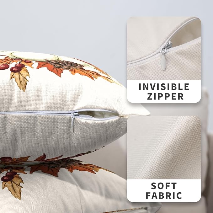 Fall Pumpkin Pillow Covers 20x20 Set of 2 Autumn Harvest Throw Pillow Covers Maple Leaves Pillowcase Thanksgiving Cushion Case for Home Decor Outdoor Sofa