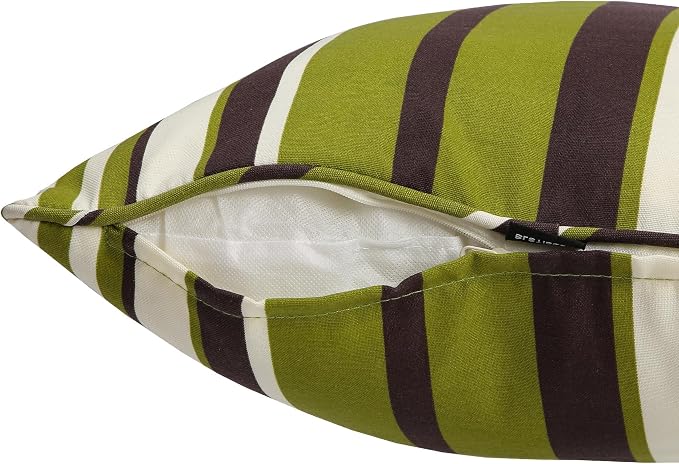 Outdoor Throw Pillow with Insert 18x18 Inch, Set of 2, Piping Edge Waterproof Fade Resistant Decorative Fluffy Pillows for Patio Furniture Chair Bench Couch Sofa - Green Striped