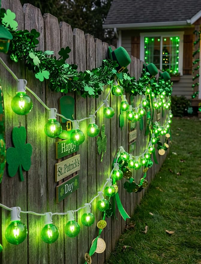 G40 Green St. Patrick’s Day Globe String Lights, 25Ft Outdoor St. Patrick’s Day Decorations Lights with 27 Green Incandescent Bulbs, Hanging Patio Lights Waterproof for Christmas Wedding Party Garden