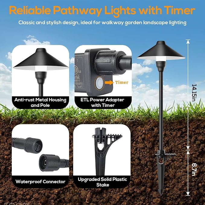 Low Voltage Pathway Lights with Timer, Plug in Landscape Path Light | 4H/6H/8H Timing, 3000K LED Landscape Lighting IP65 Waterproof ETL Listed, Set of 4 Lights Total 12W, Non-Hardwired