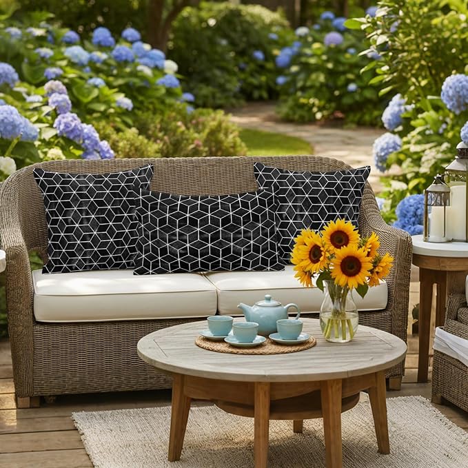 Black Honeycomb Tiling Waterproof Outdoor Pillow Covers Set of 2 Home Decor, Wooden Grain Blocks Pillowcase Patio Pillow Covers for Couch Bench Patio Furniture Garden 18x18in