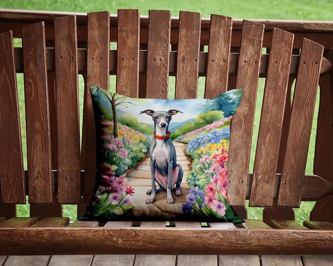 Caroline's Treasures Italian Greyhound Spring Path Throw Pillow Machine Washable, Indoor Outdoor Decorative Pillow for Couch, Bed or Patio, 14Hx14W