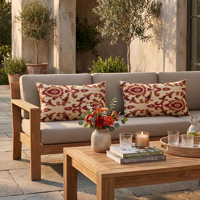 RSH DECOR: Sunbrella Jumbo Lumbar Pillows Set of 2 | 26" x 16" | Water and Fade-Resistant Performance Fabric | Outdoor Pillow Covers with Down-Alternative Inserts | Made in USA (Bukhara Russet)