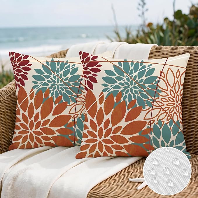 OTOSTAR Outdoor Orange Cyan Pillow Covers 16x16 Inch Set of 2 Red Flower Throw Pillows Farmhouse Geometric Dahlia Floral Square Cushion Case Waterproof Decor for Sofa Patio Funiture Garden