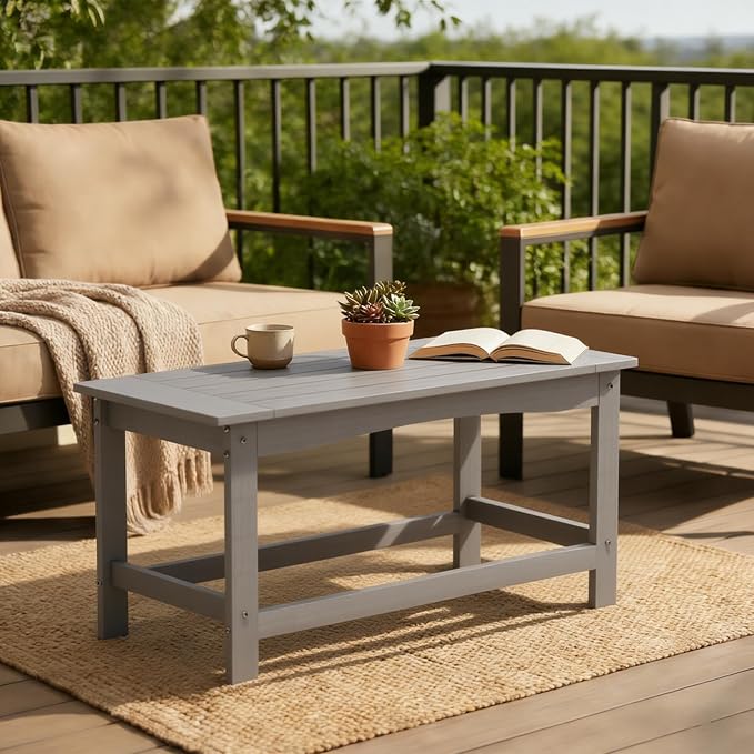 Outdoor Coffee Table, 35.4" x 17.5" All Weather Rectangle Patio Coffee Side Table for Garden Lawn Porch Poolside Balcony (Gray)