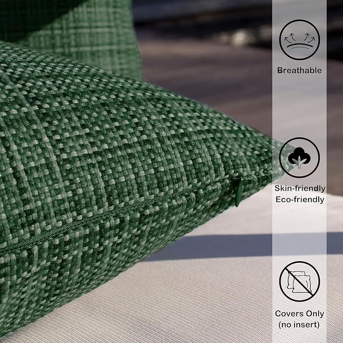 Kevin Textile Outdoor Waterproof 12"x20" Pillow Covers 2 Pack, Army Green | Water Resistant, Faux Linen Yarn-dyed, Woven Texture Throw Pillow Covers for Tent Patio Garden Couch Sofa