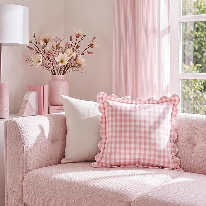 Gingham Scalloped Throw Pillow Cover 20"x20",Pink