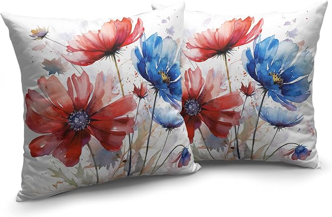 Summer Daisy Flower Throw Pillow Covers Watercolor Red Blue Floral Pillow Covers 20x20 for Living Room Home Decor Outdoor Modern Art Linen Cushion Covers