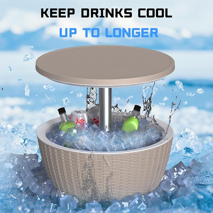 Outdoor Cool Bar Table 8 Gallon Portable Cooler Side Table,3-in-1 Cocktail Coffee Table Rattan Style,Sturdy, Waterproof & UV Resistant,Easy to Assemble & Clean for Indoor & Outdoor Use(Grey)