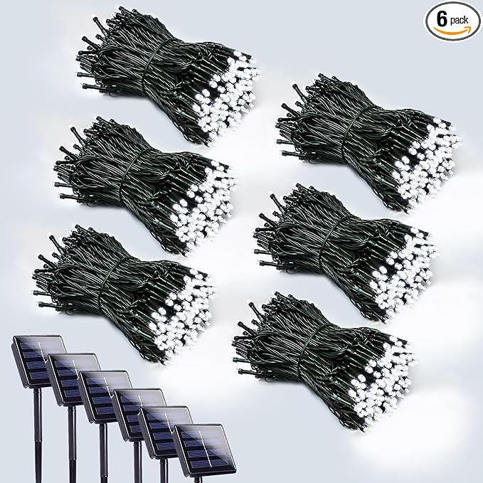 Solar String Lights Outdoor 6 Pack 600 LED Solar Christmas Light Cool White | 8 Lighting Modes, Memory Function, Auto On/Off, 198FT Waterproof Twinkle Lights for Outside Wedding Holiday Party Decorations
