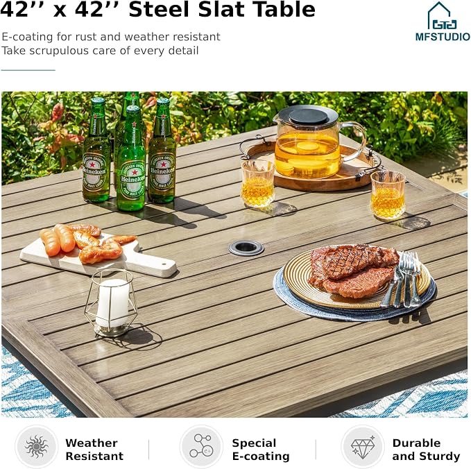 MFSTUDIO 42" Square Outdoor Dining Table, Patio Furniture Wood-Like Tabletop with Adjustable Umbrella Hole for Deck,Backyard,Lawn,Garden