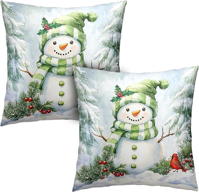 Set of 2 Winter Pillow Covers 16x16 Green Snowman Pine Tree Holly Berry Cardinal Bird Throw Pillow Covers Holiday Pillow Case for Home Decor Couch Sofa