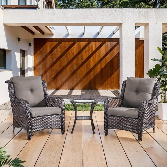 Belord Outdoor Furniture Set Patio Wicker Chairs, 3 Peices Porch Rattan Furniture with Side Table, Deep Seating Patio Bistro Chair Sets (Grey Cushion)