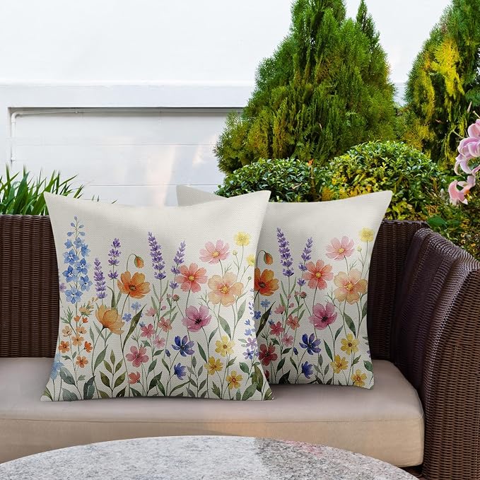 Waterproof Throw Pillow Covers, Flower, 18 x 18 Inch, Set of 2 | Wildflower outdoor farmhouse garden decorative pillowcase square cushion case for couch beach patio