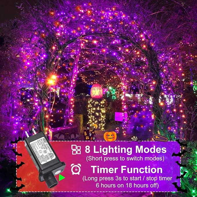2 Pack Halloween Lights, Total 200FT 600 LED Outdoor String Lights | Orange and Purple, 8 Modes Waterproof Plug in Halloween Decorations for Outside Indoor House Patio Garden Party Holiday