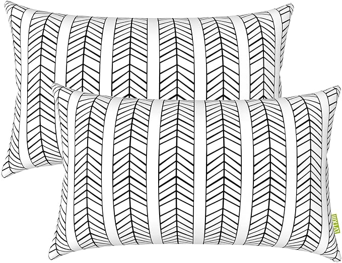 LVTXIII Outdoor Pillow Covers 12” x 20” Patio Lumbar Pillwo Cases Decorative Throw Pillowcase Shell for Couch Garden Furniture Use, Herringbone Black White, 2 Pack
