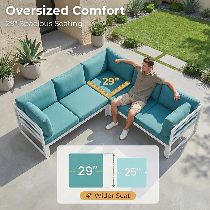 RADIATA 6 Seater Extra Large Modern Aluminum Outdoor Sofa with Lay Out Chair & Fire Pit Table, 500 lbs Durable Sectional Set for Heavy People, All Weather Comfy Patio Furniture Set for Backyard, Teal