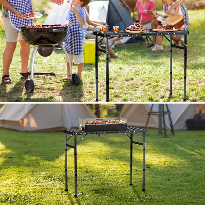 GARLLEN Folding Grill Table Max Capacity 66lbs, 3 Adjustable Height Portable Folding Camping Table with Heat-Resistant Mesh Tabletop, Aluminum Picnic Table for Outdoor, BBQ, Camping, 34.2"L x 15.7"W