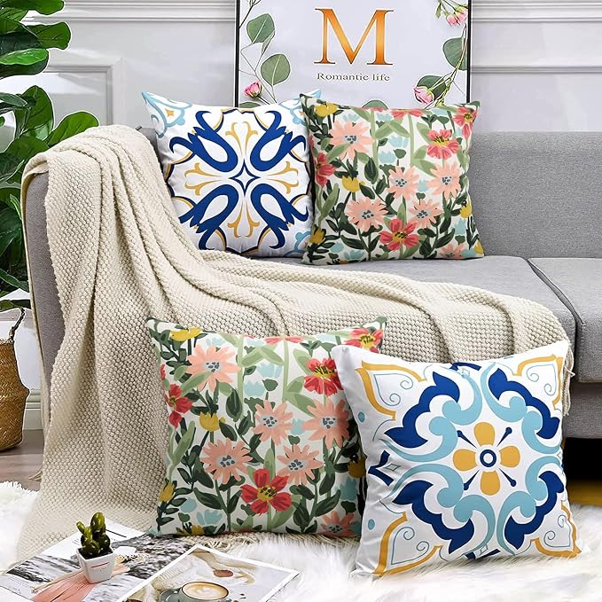 Pyonic Outdoor Pillows Covers Pack of 2 Spring Floral Waterproof Throw Pillow Covers 16X16 inch Outdoor Pillows for Patio Furniture Garden Square Outside Waterproof Pillow