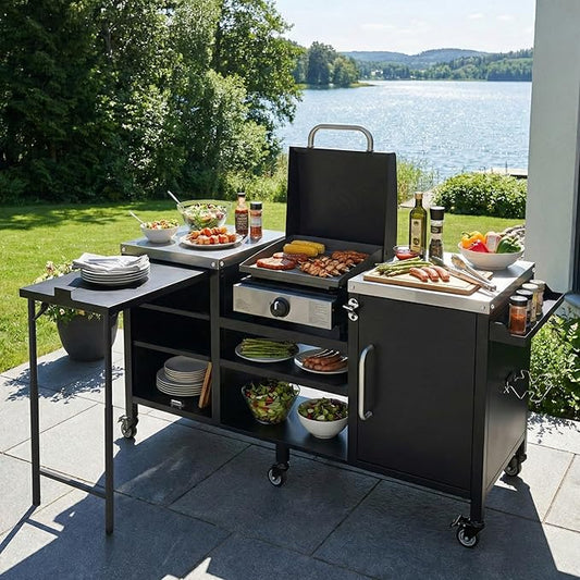 72.4" Large Grill Table for Large Big Green Egg,Metal Outdoor Grill Cart with Fold-out Prep Table,Adjustable Shelves,Spice Rack,Outdoor Kitchen Island for Big Green Egg,Kamado Joe Classic (Black#23)
