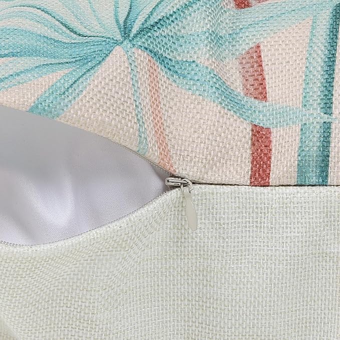 Bonhause Tropical Leaves Throw Pillow Covers 18 x 18 Inch Set of 4 Pink Green Palm Leaf Polyester Linen Decorative Pillow Cases for Couch Sofa Bed Home Garden Outdoor Décor