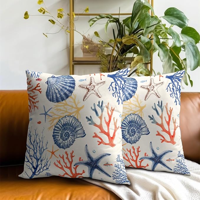 Nautical Coastal Throw Pillow Covers 22x22 Set of 2, Summer Ocean Beach Coral Decorative Pillow Cases Cotton Cushion Cover for Home Sofa Couch Wedding Anniversary Decor