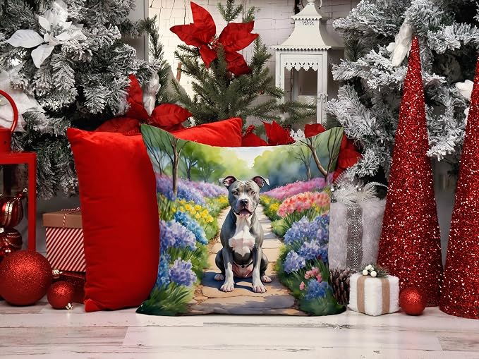 Caroline's Treasures Pit Bull Terrier Spring Path Throw Pillow Machine Washable, Indoor Outdoor Decorative Pillow for Couch, Bed or Patio, 14Hx14W