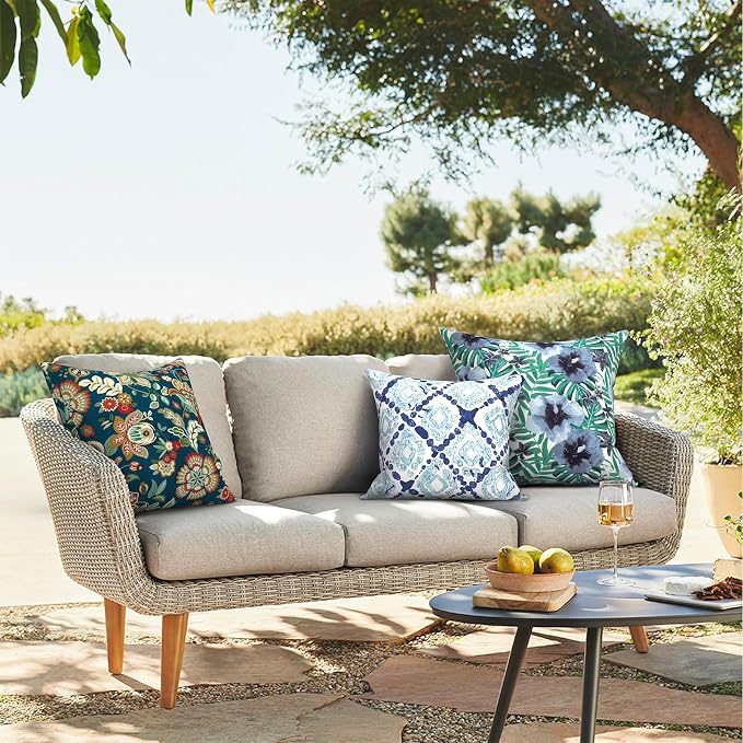 Outdoor Throw Pillows 16x16 Inch, Water Repellent Patio Pillows with Inners Set of 2 for Patio Furniture Home Garden, Peacock Blue