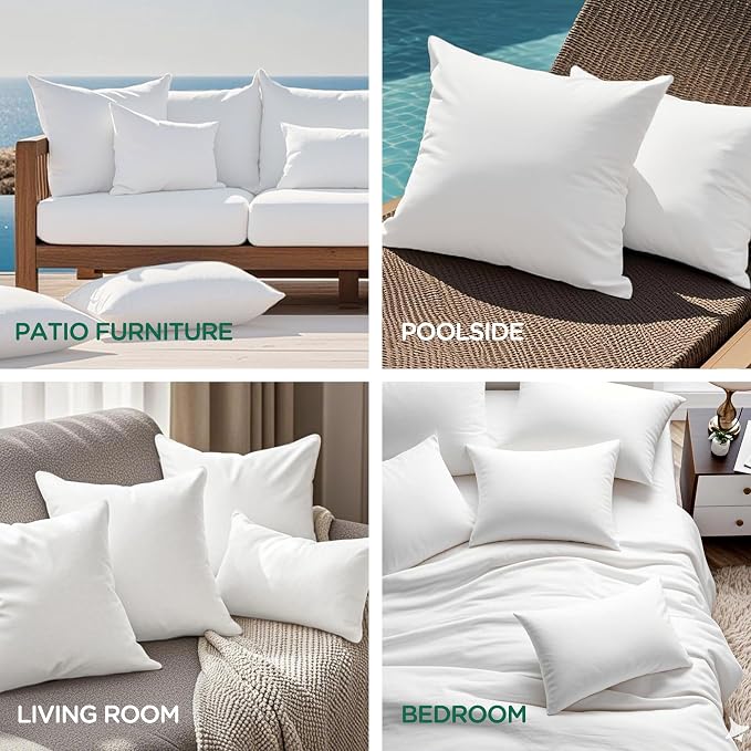 Codi Waterproof Outdoor Pillow Inserts, Square 20 x 20 inches, 4 Pack | Waterproof protective liner, premium fiber fill, patio and backyard comfort, for adults and teens, tumble dry fluffing