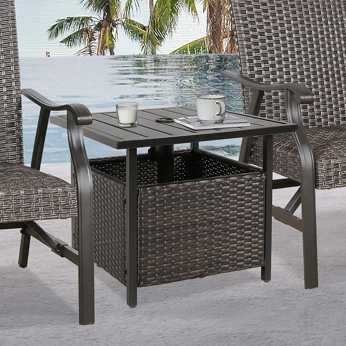 Patio PE Wicker Umbrella Side Table Stand, Outdoor Bistro Table with Umbrella Hole